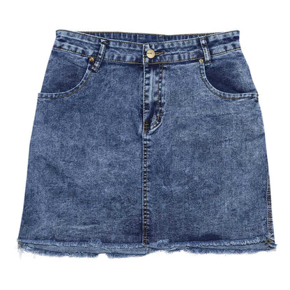 High Rise Distressed Edge Denim Mini Skirt With Clean Street Fit