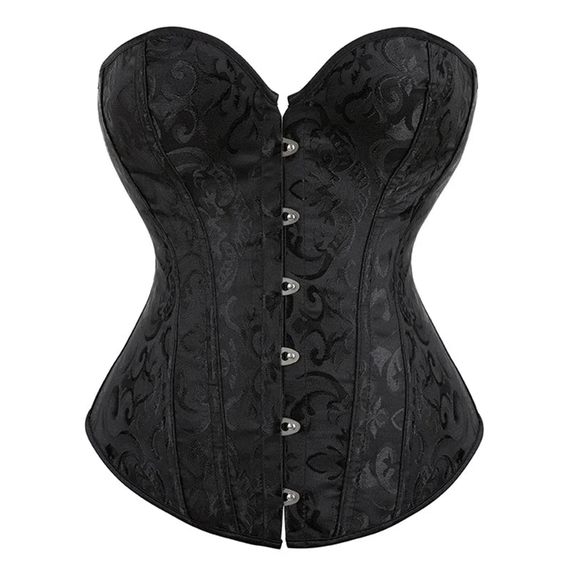 Classic Black Floral Jacquard Overbust Corset with Metal Busk Closure