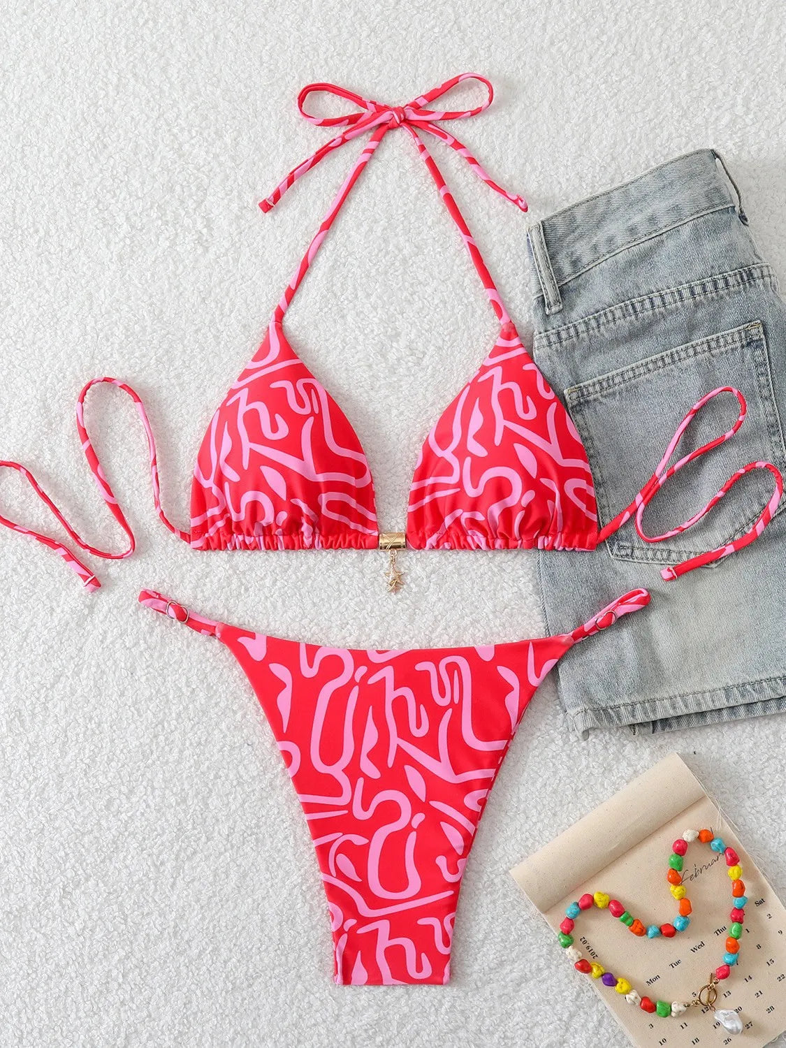 Vibrant Tropical Floral Print String Bikini Set with Sliding Triangle Top