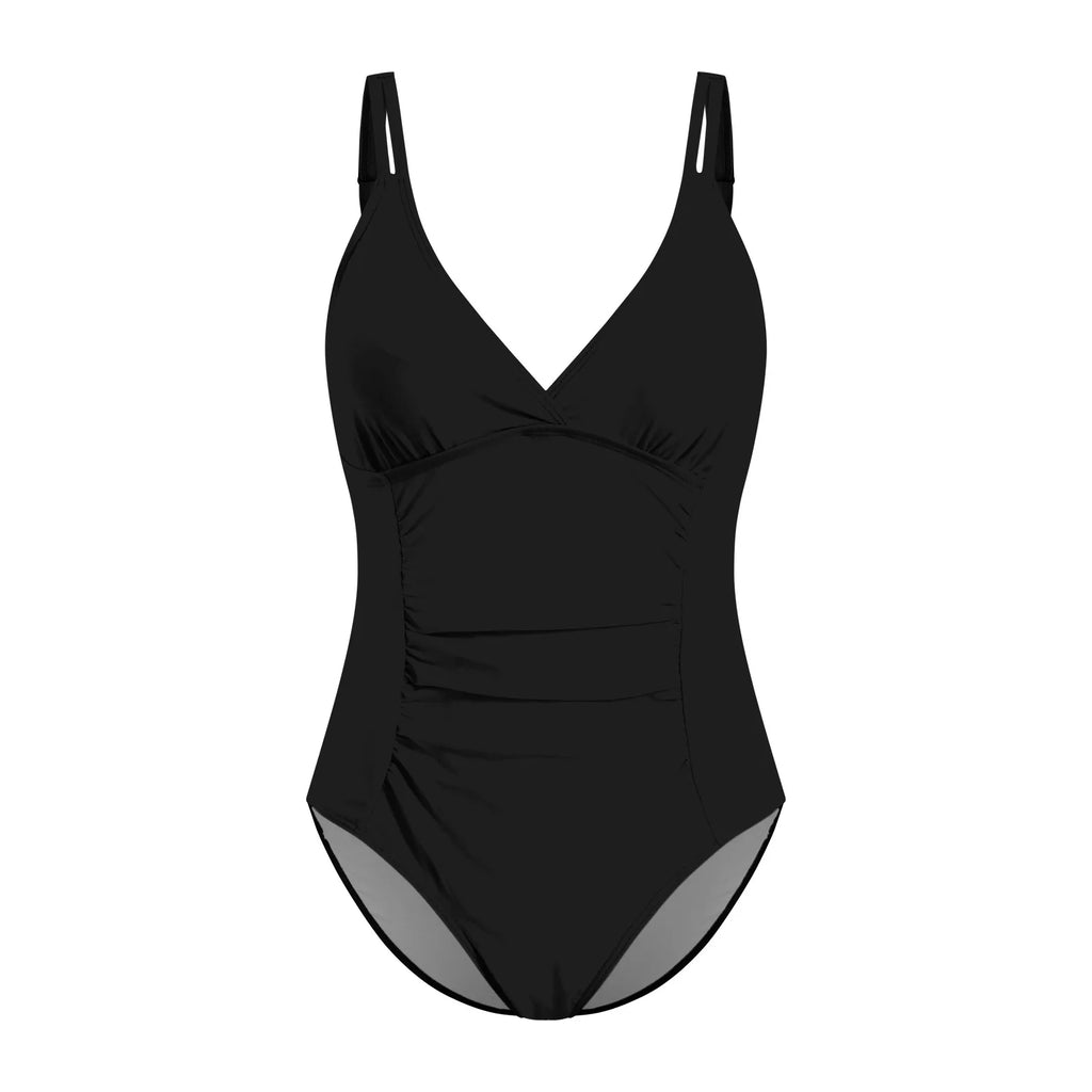 Elegant Ruched Black One-Piece Swimsuit with Deep V-Neck, Adjustable Halter Straps and Sleek Beachwear Silhouette