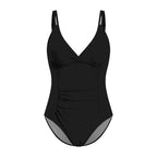 Elegant Ruched Black One-Piece Swimsuit with Deep V-Neck, Adjustable Halter Straps and Sleek Beachwear Silhouette