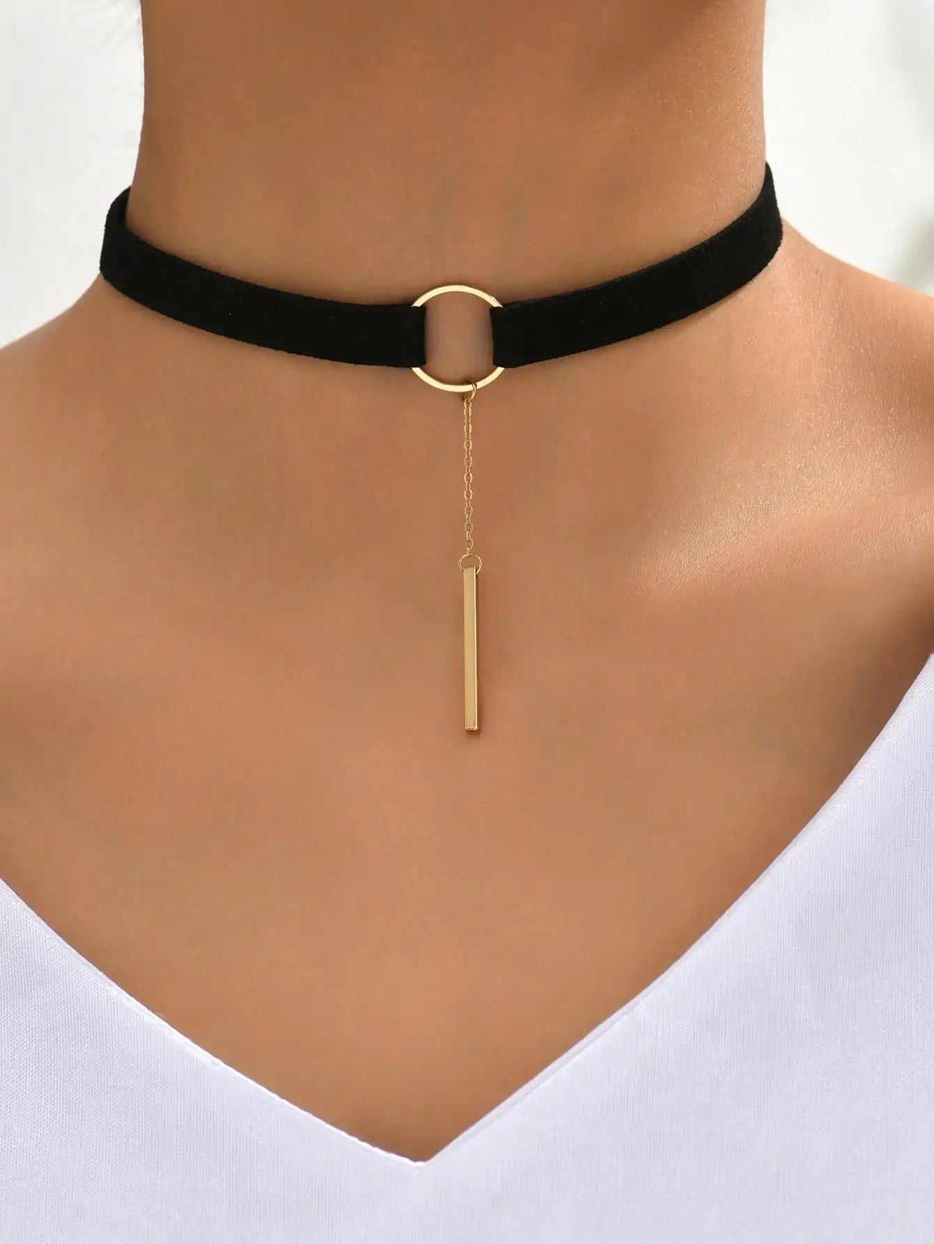 Minimalist Gothic Velvet Choker Necklace With Pendant Detail and Alternative Fashion Styling