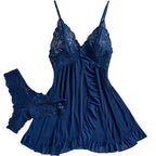 Midnight Blue Lace-Bodice Chemise Set with Playful Ruffled Hem