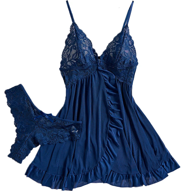 Midnight Blue Lace-Bodice Chemise Set with Playful Ruffled Hem