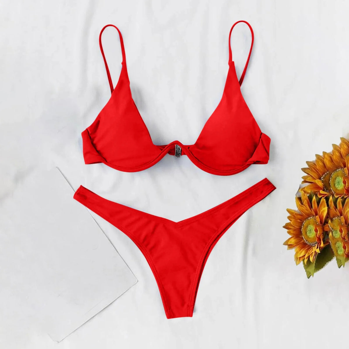 Vibrant Red Underwire Bikini with Plunging V-Notch and High-Cut Bottom