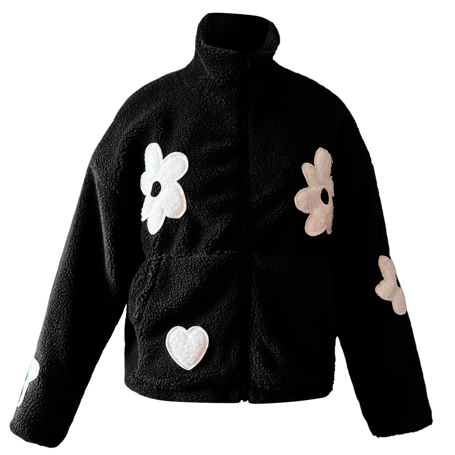 Women's Plush Floral Fleece Zip Jacket with Cozy Contemporary Casual Streetwear Style