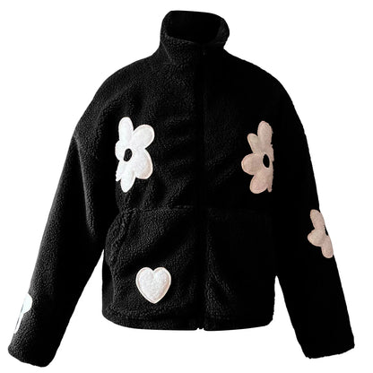 Women's Plush Floral Fleece Zip Jacket with Cozy Contemporary Casual Streetwear Style