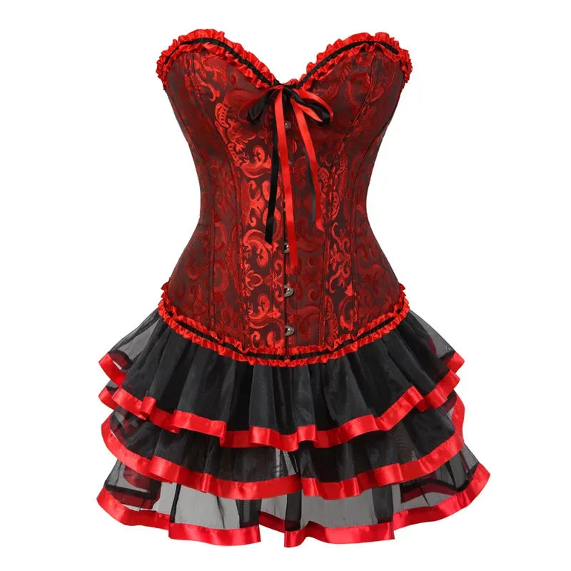 Black Floral Brocade Overbust Corset and Tiered Ruffle Skirt Set