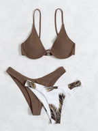 Three-Piece Underwire Bikini Set with Solid and Palm Print Bottom Options