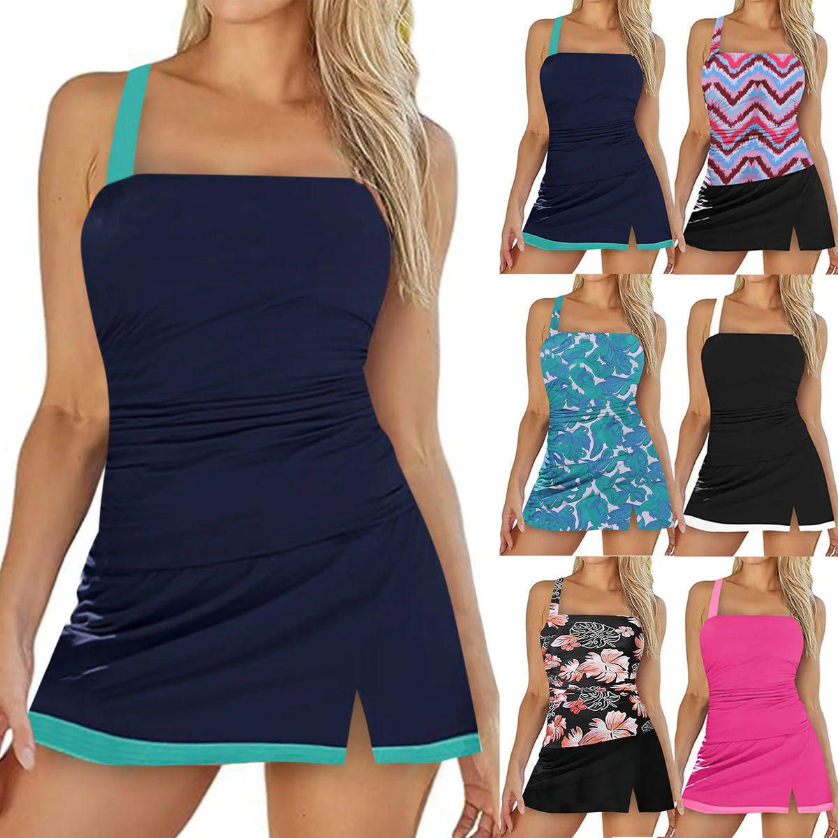 Vintage Floral Tankini Swimdress Set with Ruched One-Piece Top, Flared Skirted Bottom and High-Waist Bikini