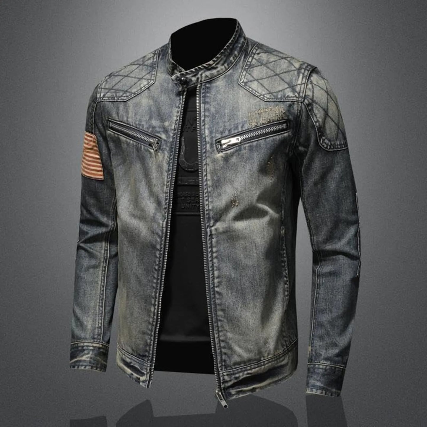 Men's Vintage-Inspired Zip-Up Denim Jacket with Stand Collar Design