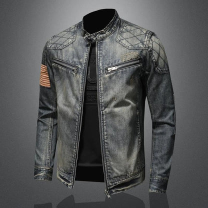 Men's Vintage-Inspired Zip-Up Denim Jacket with Stand Collar Design