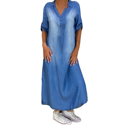 Oversized V-Neck Denim Inspired Maxi Dress with Half Sleeves and Side Slits