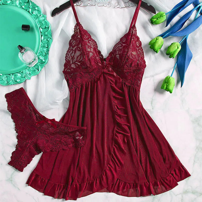 Romantic Pink Lace Babydoll Lingerie Set with Ruffle Trim and Open Front