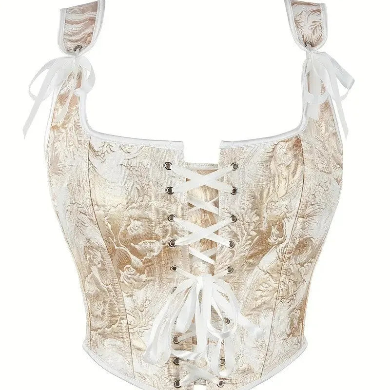Black and Gold Botanical Jacquard Bustier Top with Ribbon Tie Details