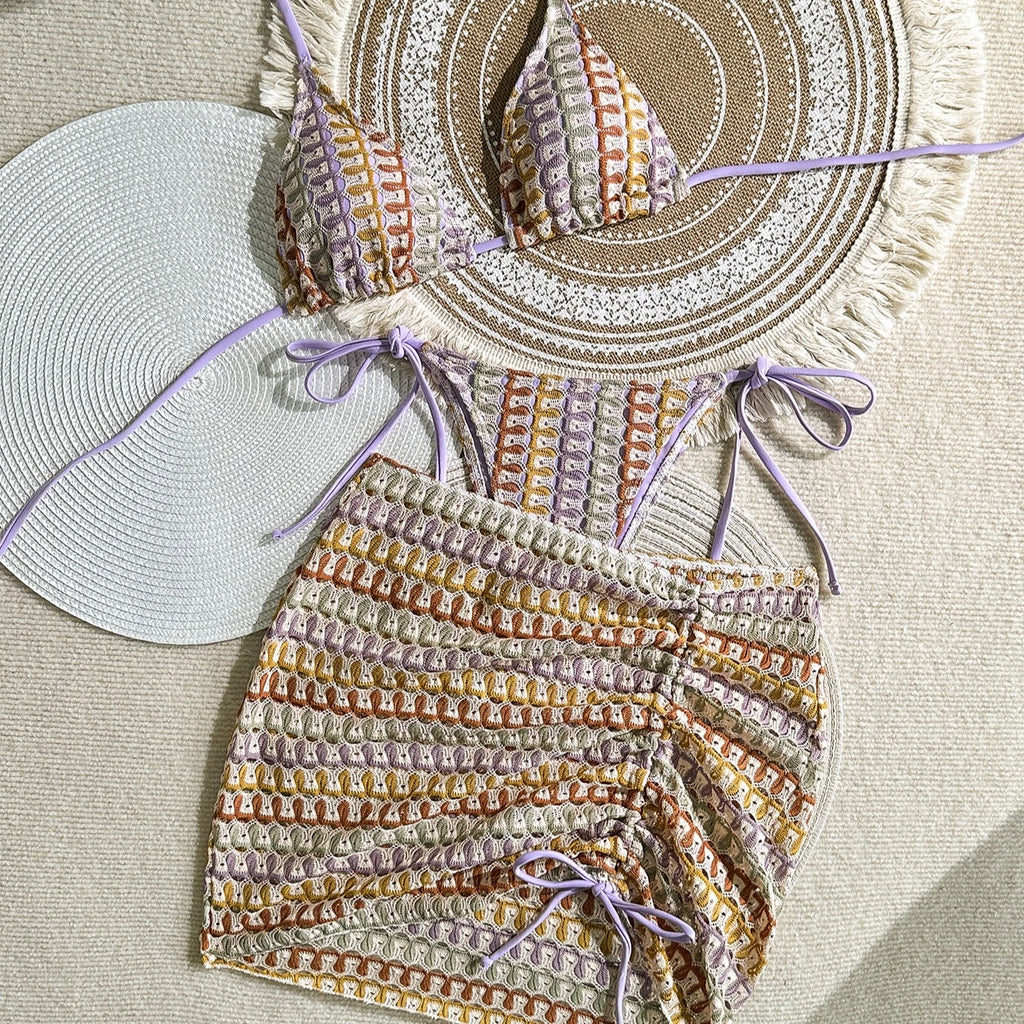 Textured Brown Three-Piece Triangle Bikini Set with Matching Ruched Skirt