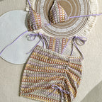 Textured Brown Three-Piece Triangle Bikini Set with Matching Ruched Skirt
