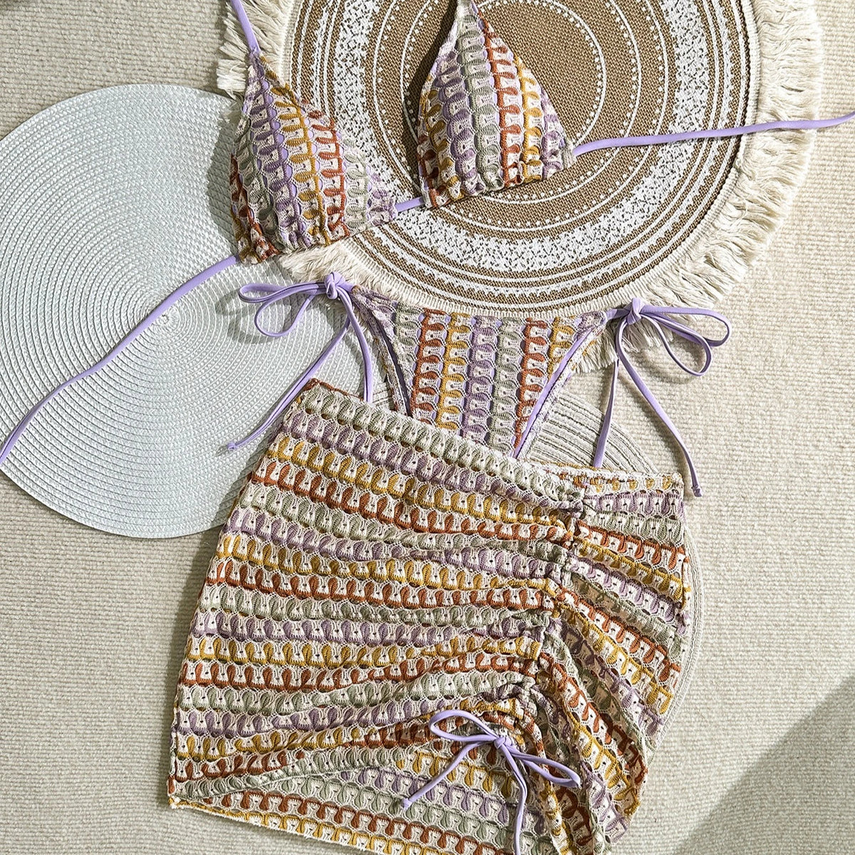 Textured Brown Three-Piece Triangle Bikini Set with Matching Ruched Skirt