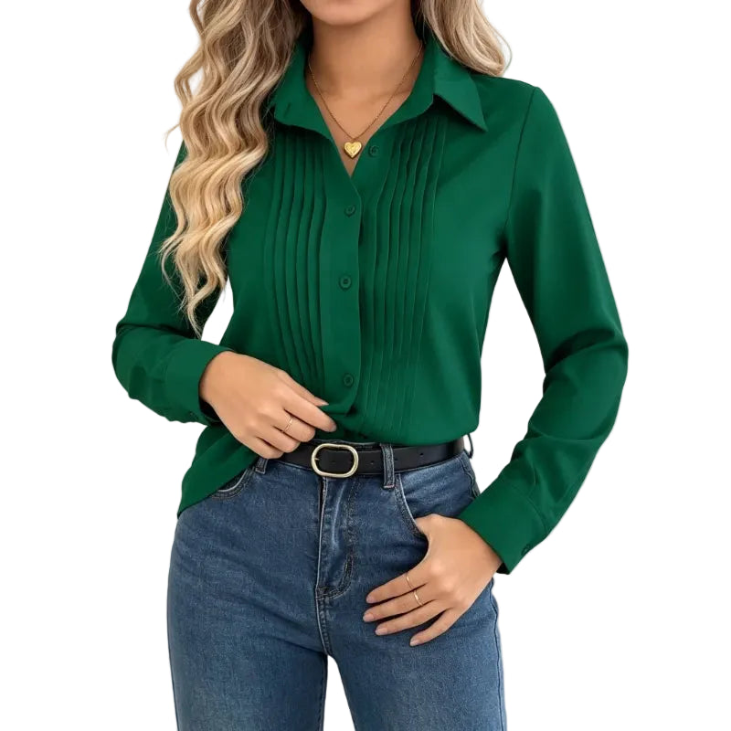 Elegant Emerald Green Long-Sleeve Blouse with Vertical Front Pleating