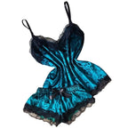 Women's Velvet Cami Pajama Set with Bow and Lace Trim, Sleeveless V-Neck Top and Matching Shorts, Elegant Summer Nightwear
