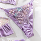 Romantic Blush Pink Satin-Finish Lingerie Set with Blue Floral Appliqués