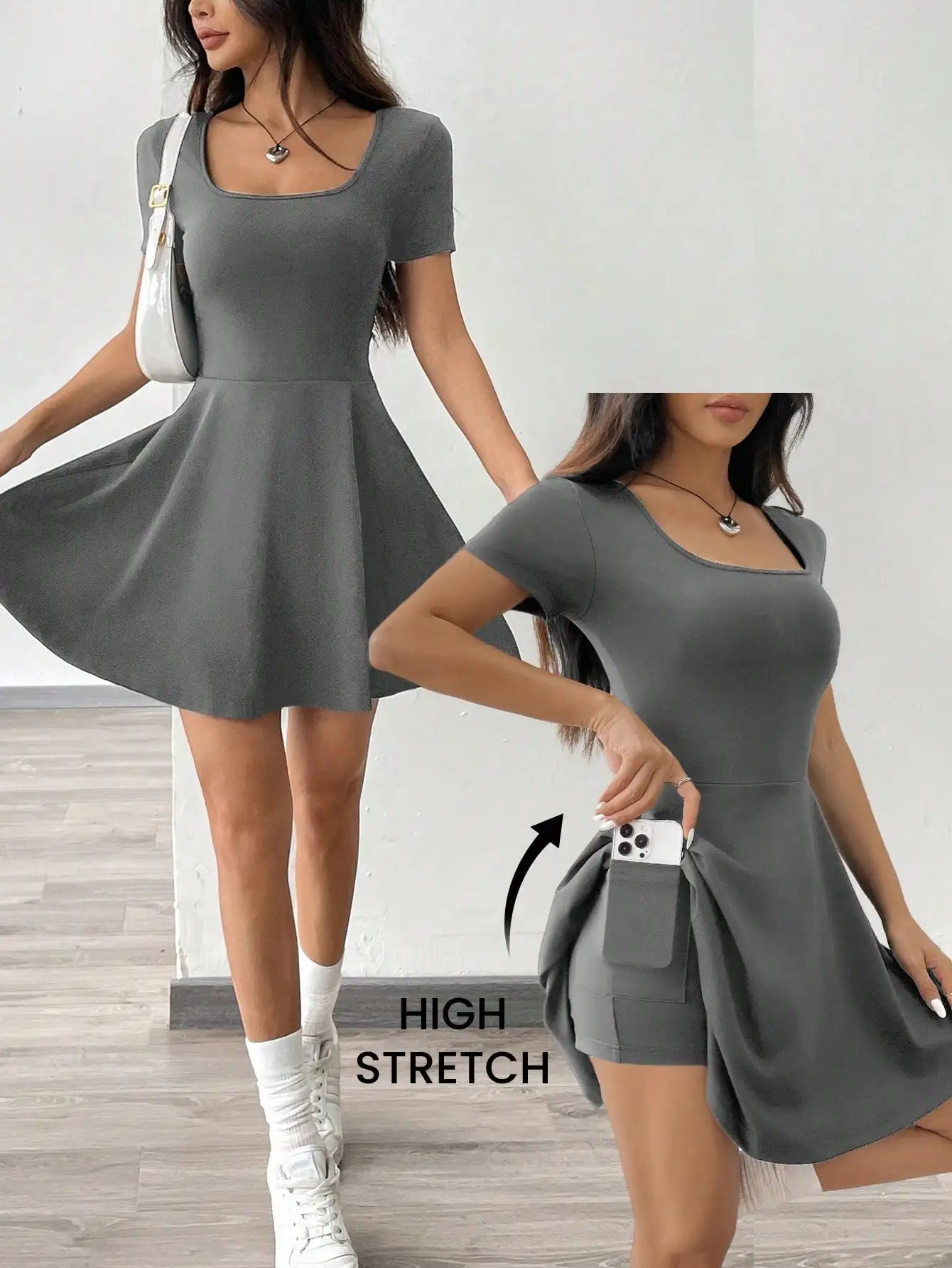 Square Neck Short Sleeve A-Line Mini Dress with Flared Skater Silhouette