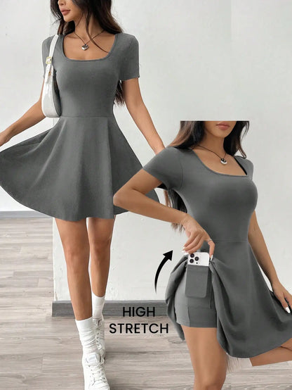 Square Neck Short Sleeve A-Line Mini Dress with Flared Skater Silhouette