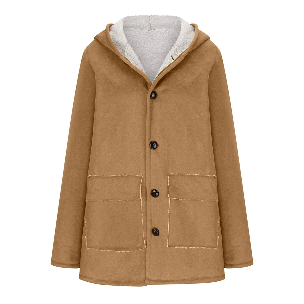Women's Faux Suede Sherpa Lined Hooded Jacket Casual Winter Button Front Outerwear
