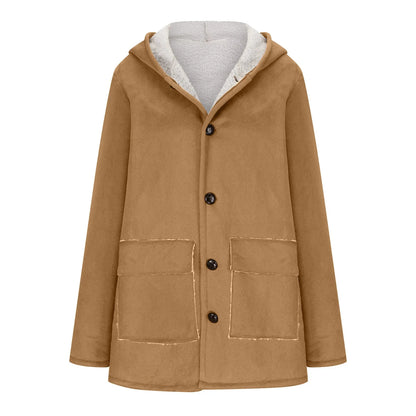 Women's Faux Suede Sherpa Lined Hooded Jacket Casual Winter Button Front Outerwear