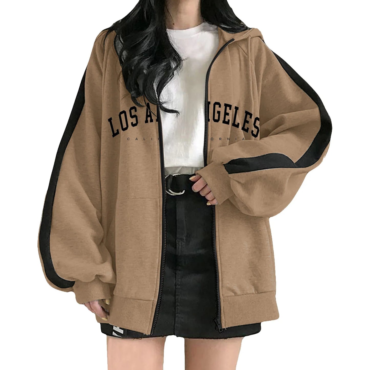 Women's Oversized Zip-Up Hoodie with Typography Graphic Relaxed Streetwear Everyday Style