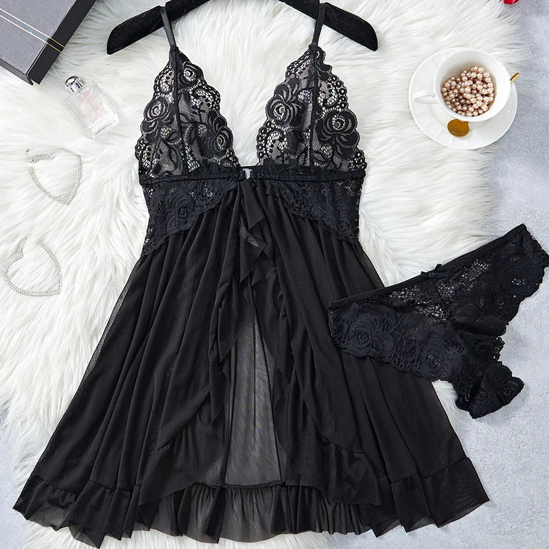 Black Floral Lace Underwire Chemise with Front Cutout and Strappy Hem Detailing