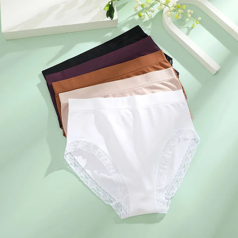6-Piece Women’s Mid-Rise Seamless Briefs Set with Delicate Lace Trim and Assorted Solid Colors