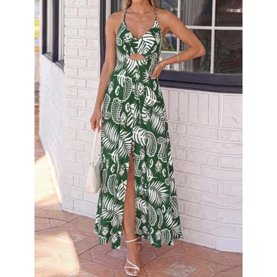 Floral Print Maxi Dress with Smocked Bodice and Open Back Detail