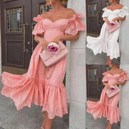 Romantic Off Shoulder Ruffle Trim Alternative Fashion Midi Dress