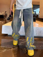 Unisex Relaxed Straight Leg Washed Denim Jeans with Graphic Print Streetwear Design
