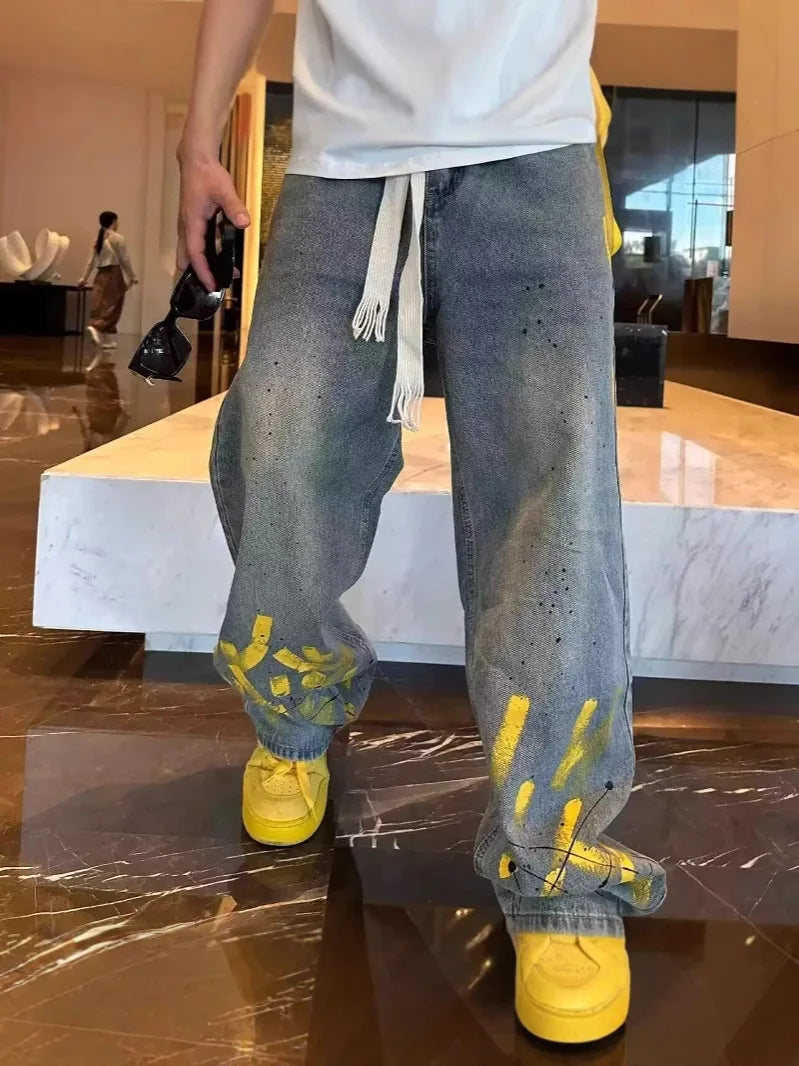 Unisex Relaxed Straight Leg Washed Denim Jeans with Graphic Print Streetwear Design