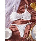 Sheer Black Floral Lace Front-Closure Bra and Thong Set