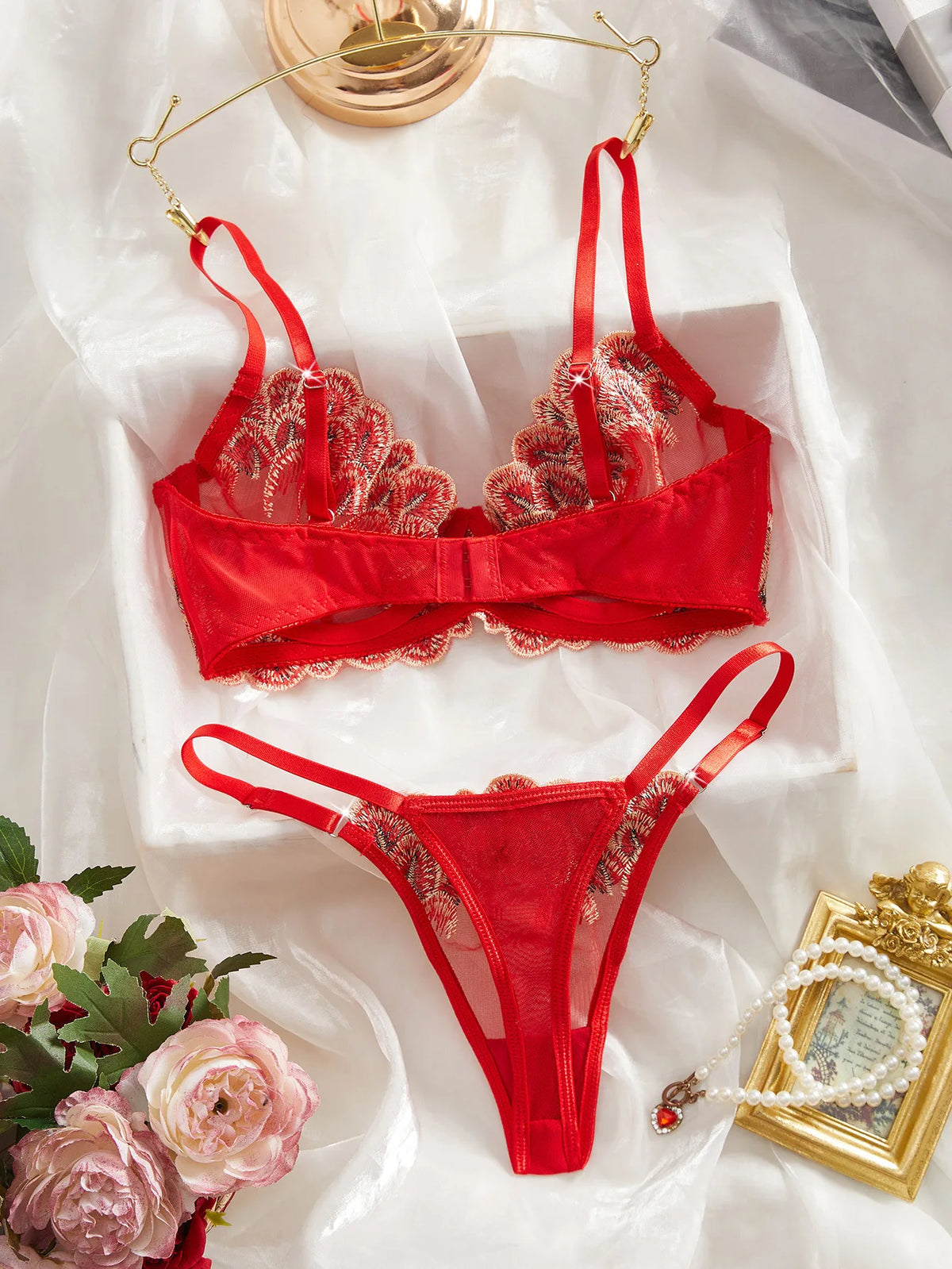 Bold Red Sheer Mesh and Floral Petal Embroidered Lingerie Set