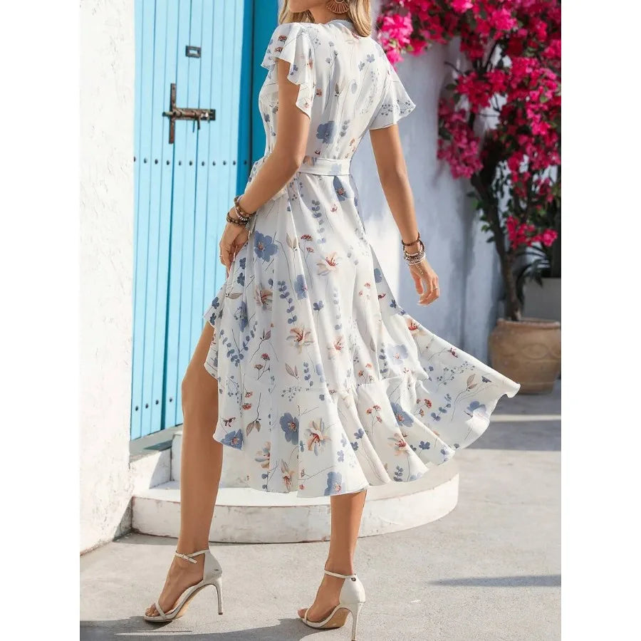 Printed Wrap Style Midi Dress With Flowing Everyday Silhouette