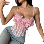 Romantic Light Pink Sheer Mesh Bustier with 3D Floral Appliques and Slender Straps