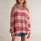 Women's Relaxed Striped Knit Pullover with Long Sleeves for Casual Everyday Streetwear Style