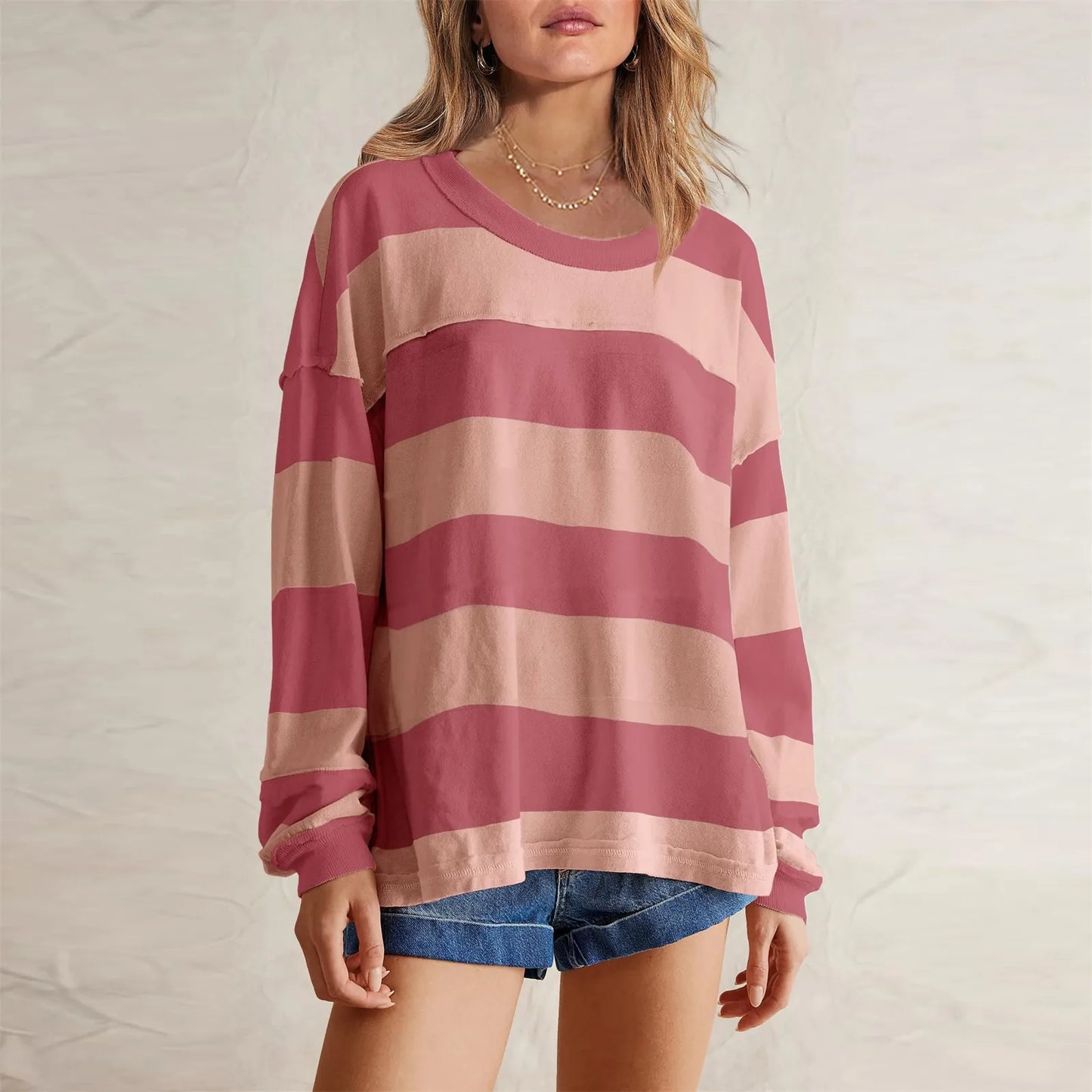 Women's Relaxed Striped Knit Pullover with Long Sleeves for Casual Everyday Streetwear Style