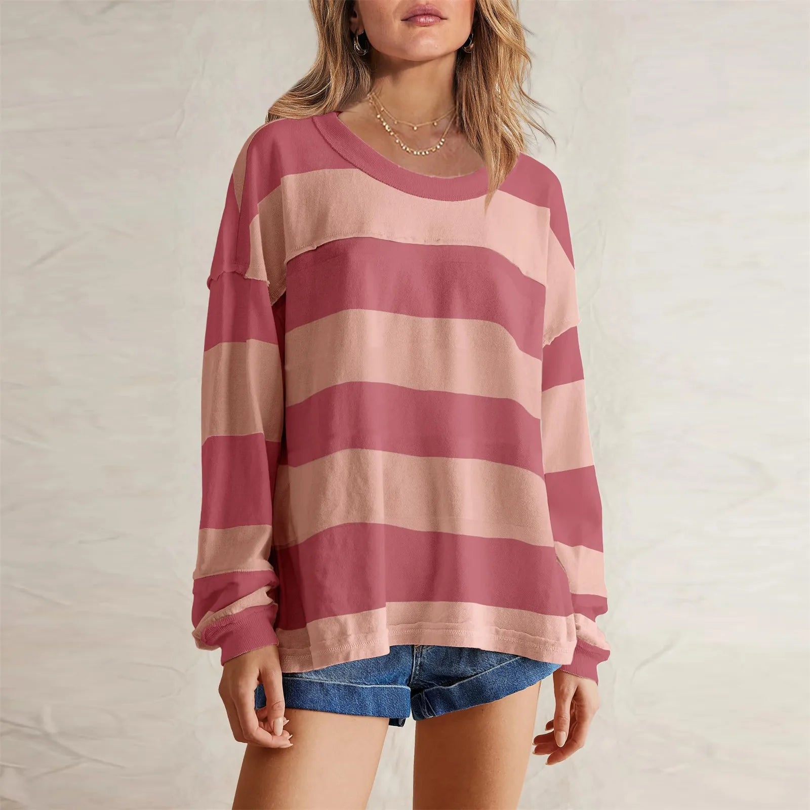 Women's Relaxed Striped Knit Pullover with Long Sleeves for Casual Everyday Streetwear Style