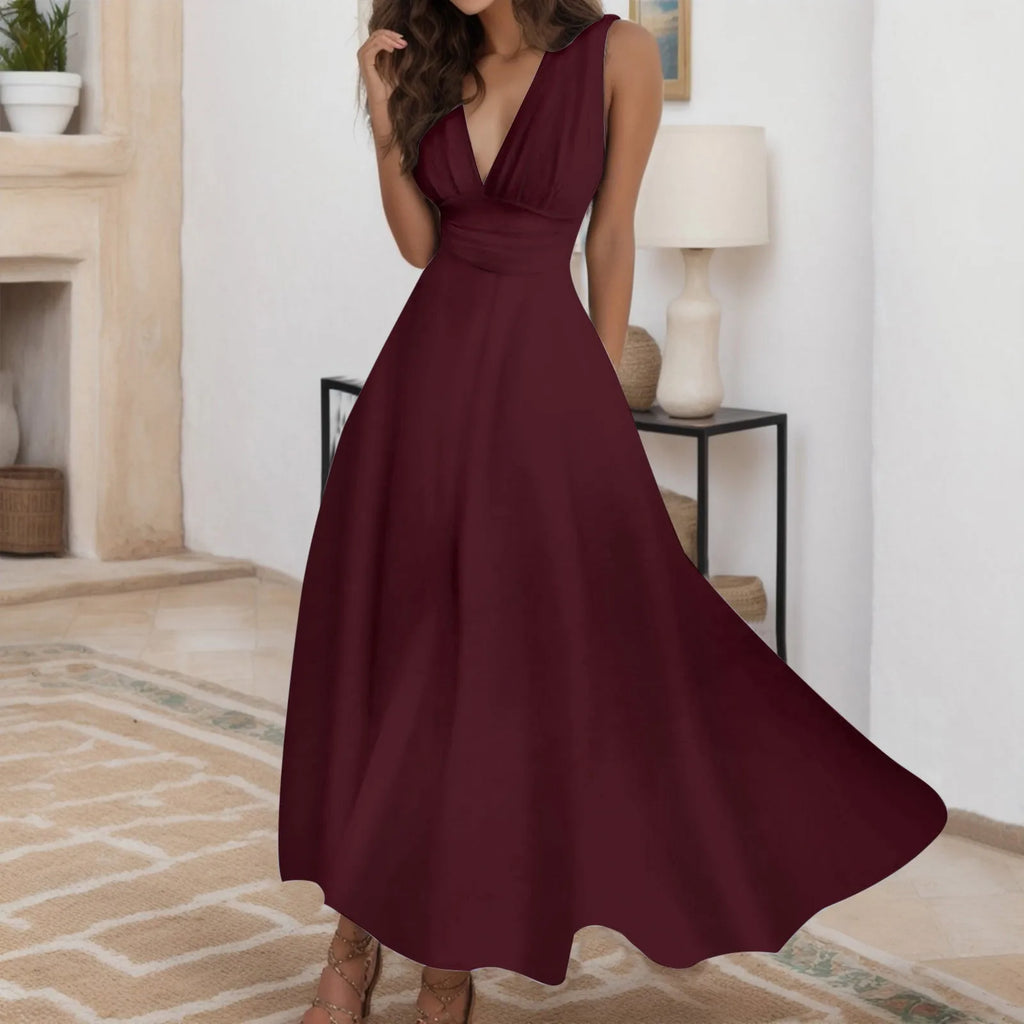 Deep V Neck Sleeveless Maxi Dress with Flowy A-Line Silhouette