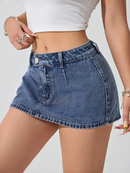 High Waist A-Line Denim Mini Skirt with Distressed Hem Detail