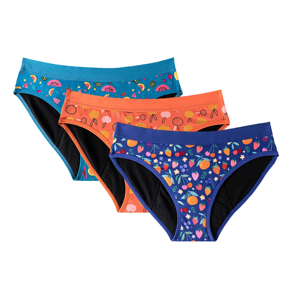 Three-Piece Floral Print Menstrual Brief Set with Contrast Waistbands
