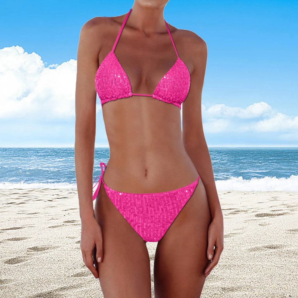 Halter Sequin Bikini Set with Tie Neckline, Knotted Details, Padded Top and High-Waisted Bottom for Beach Vacations