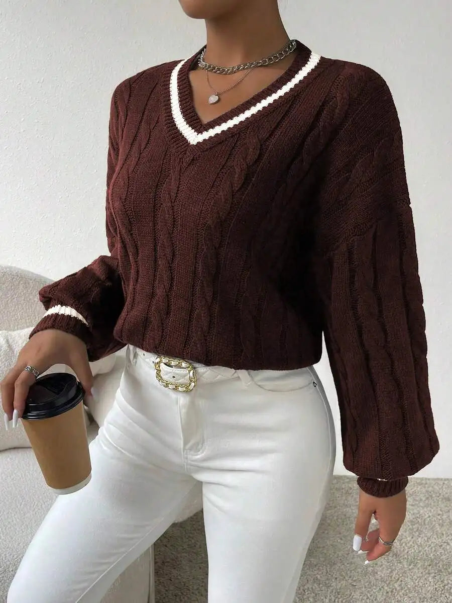 Women's Cable Knit V Neck Sweater with Contrast Trim Relaxed Fit Design