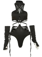 Harness Cutout Mock Neck Bodysuit with Arm Sleeves Alternative Fashion Style