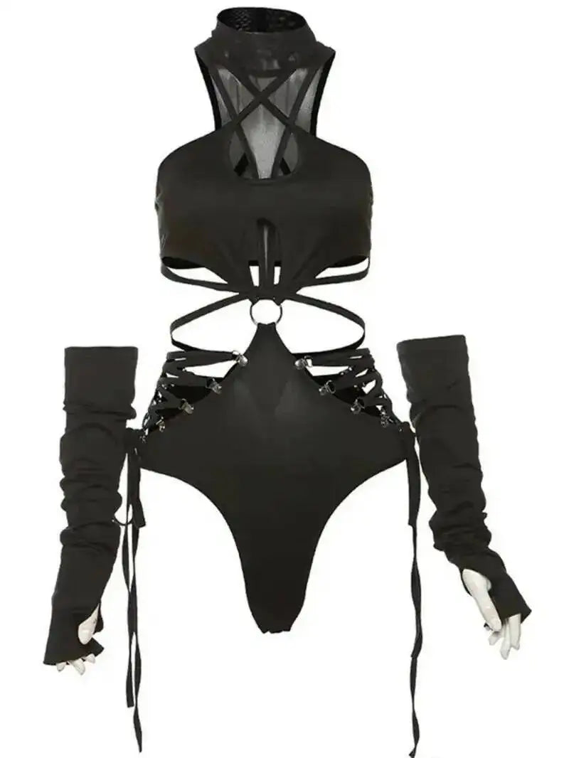 Harness Cutout Mock Neck Bodysuit with Arm Sleeves Alternative Fashion Style